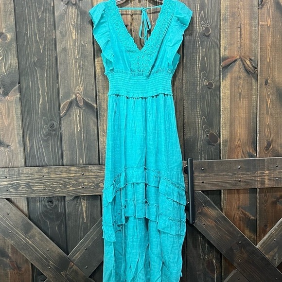 J Gee Dresses & Skirts - J Gee Maxi Dress S Teal Green‎ Blue Tiered Ruffle Boho Smocked Flutter Lace Trim